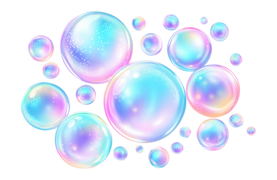 Iridescent soap bubbles with rainbow colors and sparkles, isolated on a transparent background - Powered by Adobe
