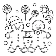 Two gingerbread men with candy canes and lollipops in a festive christmas design