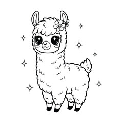Cute cartoon llama with flowers and sparkles for coloring