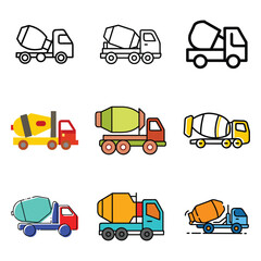 Collection of colorful cartoon cement mixer trucks in various styles and colors