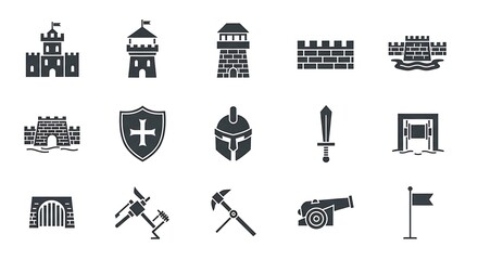 Obraz premium Medieval Warfare Icons - Fortress, Shield, Helmet, and Weapons Collection.