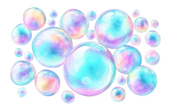 Floating iridescent bubbles with a cosmic sparkle, showcasing a spectrum of pastel colors and light refractions isolated on transparent background - Powered by Adobe
