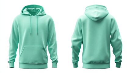 Mint green hoodie, front and back views