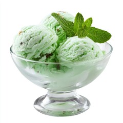 Mint ice cream scoops in a glass bowl