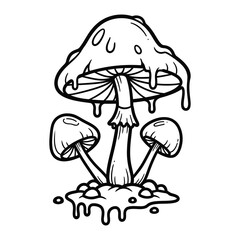 Psychedelic dripping mushroom illustration in black and white outline style