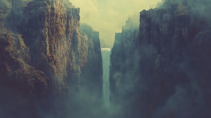 A breathtaking view of a majestic waterfall cascading down a steep cliff, surrounded by lush greenery and a misty atmosphere, creating a serene scene