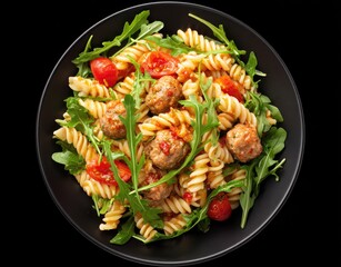 Spiral pasta with meatballs, arugula, and cherry tomatoes