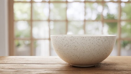 Empty bowl on wooden table, window view