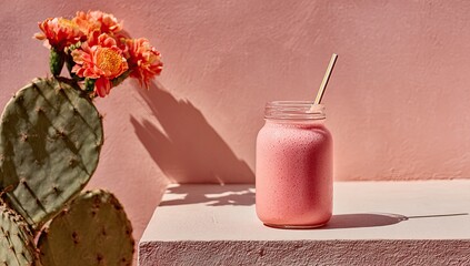 Pink smoothie in mason jar, cactus, and flowers
