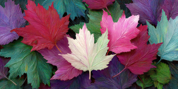 Vibrant Textured Maple Leaves Background in Pink, Purple, Teal, and White Colors