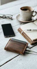 Coffee, phone, wallet, and notebook on a table