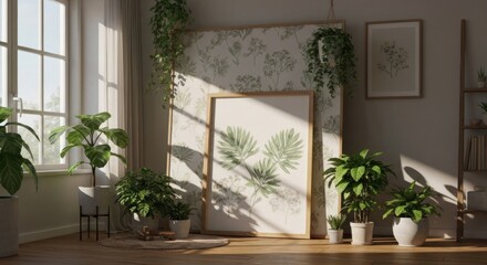 Sunlit room with many potted plants, prints, and wooden floor