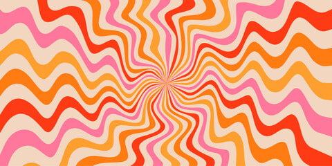 Retro swirl groovy starburst background with wavy lines in pink, orange, red tones. Psychedelic abstract design inspired by 70s style. Perfect for posters, prints, and web design. Vector illustration.