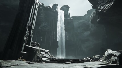 A monochromatic view of a tall waterfall cascading down a dark cliff, surrounded by stone ruins and a somber atmosphere, creating a mysterious scene