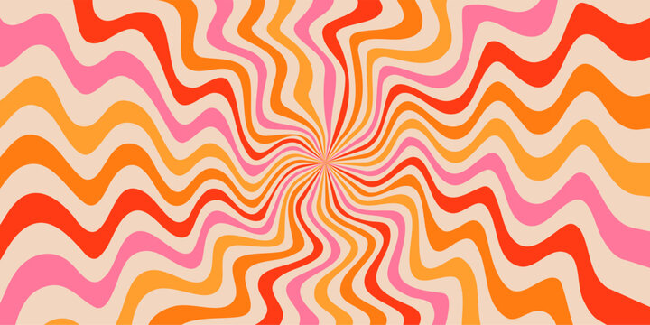 Retro swirl groovy starburst background with wavy lines in pink, orange, red tones. Psychedelic abstract design inspired by 70s style. Perfect for posters, prints, and web design. Vector illustration.