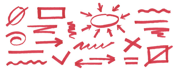 Collection of red marker lines for underlining and highlighting text. Hand drawn texture scribble pen stroke. Curved doodles for design sketch, banner, collage and note.