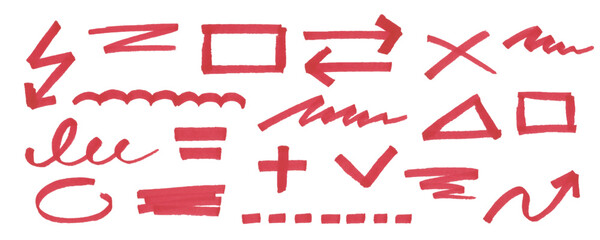 Collection of red marker lines for underlining and highlighting text. Hand drawn texture scribble pen stroke. Curved doodles for design sketch, banner, collage and note.