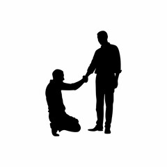 Silhouette of recovering addict receiving encouragement handshake from counselor isolated on white background