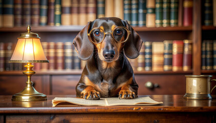 小さな博学者：丸メガネと本棚に囲まれたダックスフンド