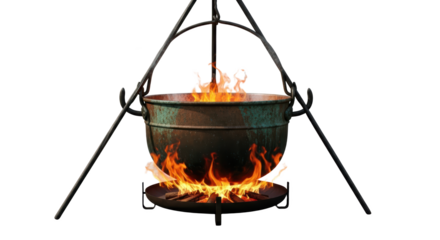 Rustic Campfire Pot Cooking Over Open Flames with Steam Rising On A Transparent Background
