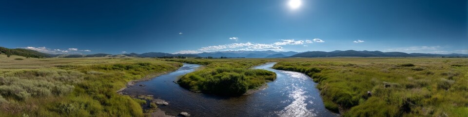 Obraz premium Panoramic hdr landscape of a serene river bend nature daylight wide view