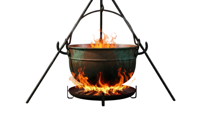 Rustic Campfire Pot Cooking Over Open Flames with Steam Rising On A Transparent Background