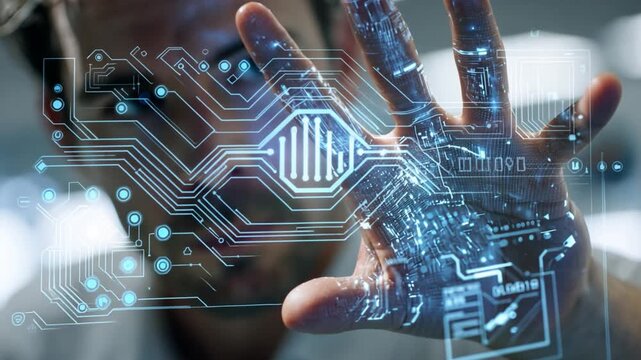Holographic instruction projecting precise steps onto a worker's hands in a shared workcell, a scene of augmented reality.