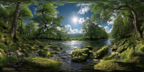 Obraz premium Nature panorama of lush greenery and river hdr landscape serene environment