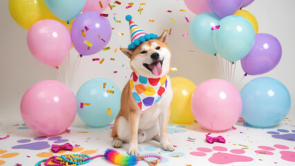 Festive pet costume party, colorful accessories, confetti explosion, smiling animal, birthday hat, patterned bandana, balloon background, paw decorations