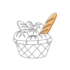 Line art illustration of a basket overflowing with various types of bread, showcasing the beauty of simple food and the joy of baking isolated on white background
