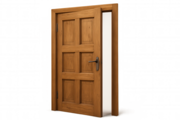 Open wooden door revealing light, concept of new beginning, entrance, pathway, opportunity on transparent background