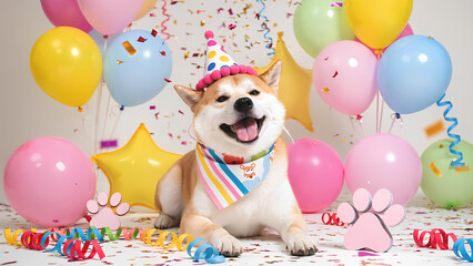 Festive pet costume party, colorful accessories, confetti explosion, smiling animal, birthday hat, patterned bandana, balloon background, paw decorations