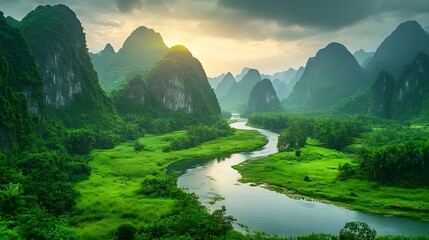 Breathtaking mountain landscape with a winding river flowing through lush green valleys under a dramatic sky, showcasing natures grandeur