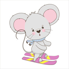 Adorable mouse in a fluttering scarf skiing. This vector illustration embodies a playful winter theme, perfect for children s sports designs.
