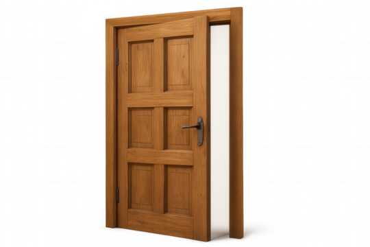 Open wooden door revealing light, concept of new beginning, entrance, pathway, opportunity on transparent background