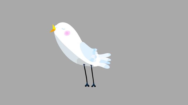 White bird cartoon animation character isolated non stop singing. Blinking eyes, opening bill, seamless loop light bird behaviour.
