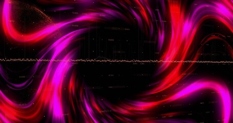 Displaying neon waveforms converging toward central void in virtual space, with numeric data points
