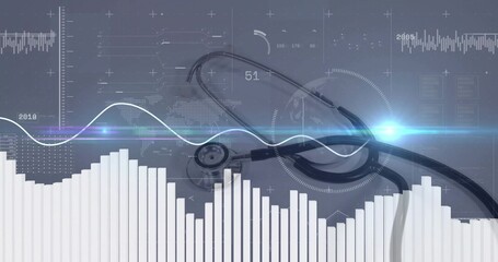 Highlighting stethoscope on medical interface, with waveform graph, bar charts and world map