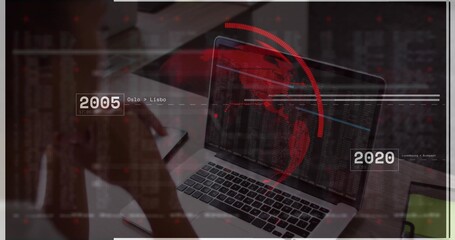 Scanning adult woman analyzing alphanumeric data on laptop at office desk, with red globe overlay