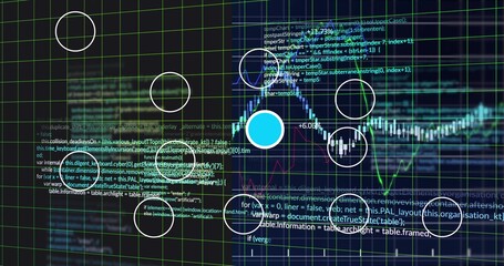 Displaying colored line graph on screen with neon green grid, code snippets, markers and blue dot © vectorfusionart