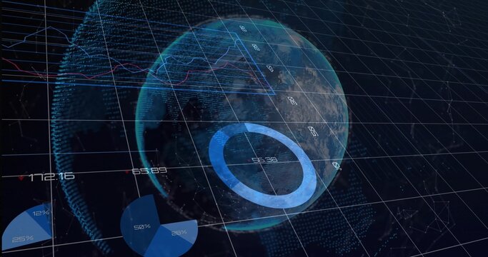 Displaying 3D globe in data display with grid overlay, ring or pie charts, line graphs, numeric labe - Powered by Adobe
