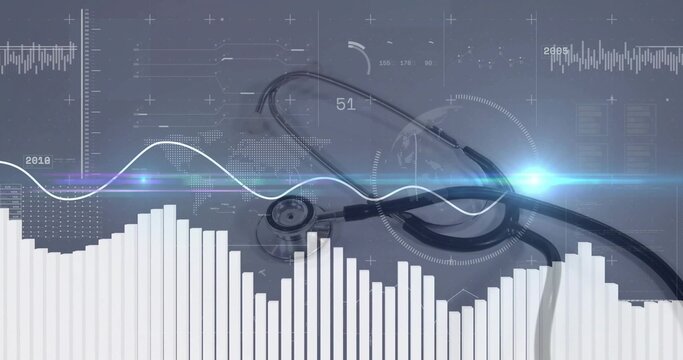 Highlighting stethoscope on medical interface, with waveform graph, bar charts and world map - Powered by Adobe