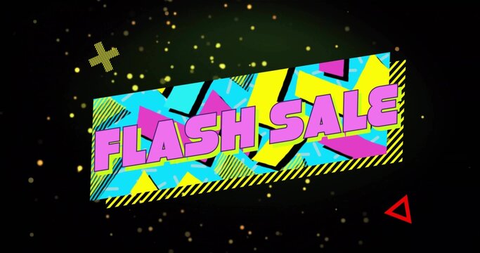 Displaying tilted sale banner, neon patterns, gold dots, yellow plus, red triangle on dark backdrop