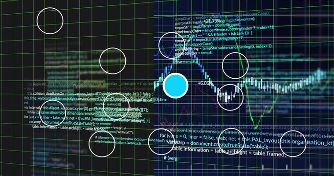 Displaying colored line graph on screen with neon green grid, code snippets, markers and blue dot