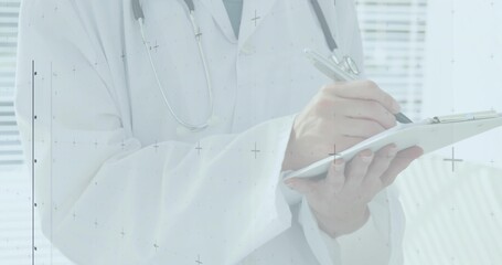 Writing notes medical worker wearing lab coat and stethoscope in medical office, with clipboard pen