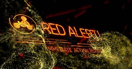 Displaying glowing red alert text and hazard icon on sci-fi console, with swirling golden streams