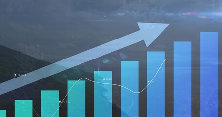 Displaying vertical bar chart with overlay line graph and upward arrow on aerial coastal landscape
