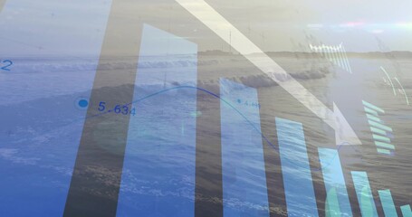 Displaying bar chart, line graph trending downward over ocean waves, showing white arrow and values