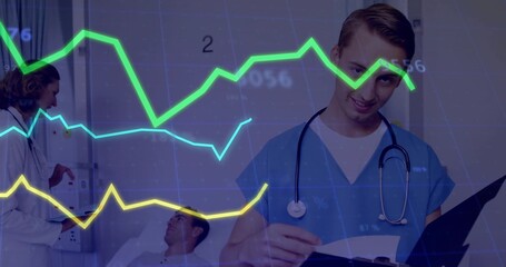 Reading clipboard, doctor wearing blue scrubs examining chart overlay in hospital room, copy space