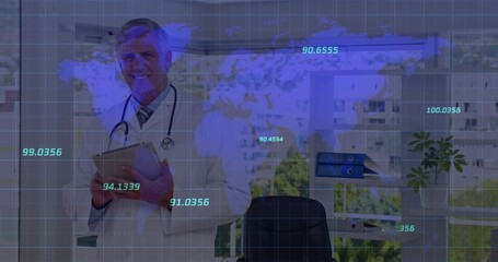 Standing doctor holding digital tablet and stethoscope in office with map overlay, copy space